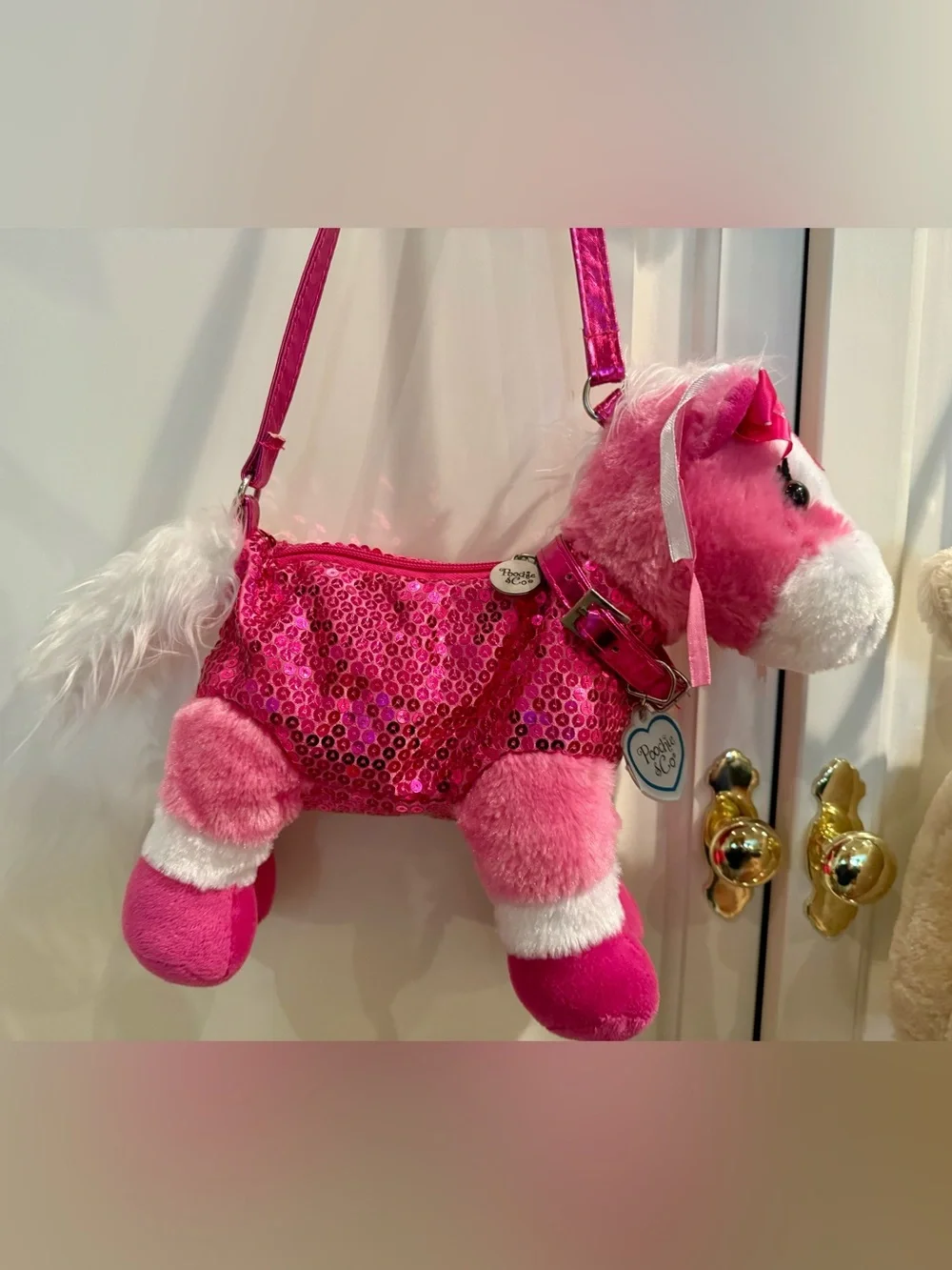 Set of 2 Poochie & Co Sequined Plush Dog and Pony Zippered Shoulder Bag